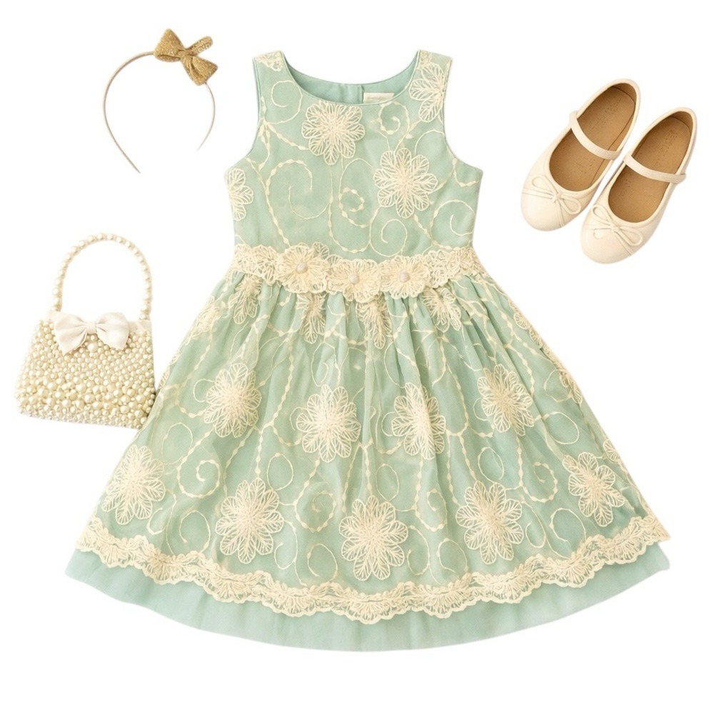 Isobella & Chloe Mint Green and Cream Floral Lace Party Dress